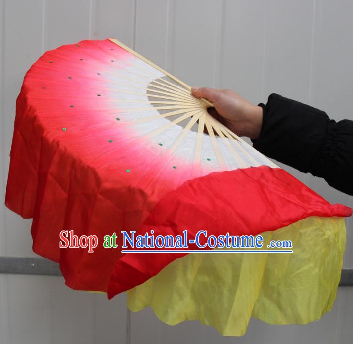 Chinese Handmade Folk Dance Yellow and Red Ribbons Folding Fans Yangko Dance Classical Dance Fans for Women