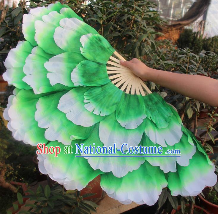 Chinese Handmade Folk Dance Folding Fans Yangko Dance Classical Dance Green Peony Fans for Women