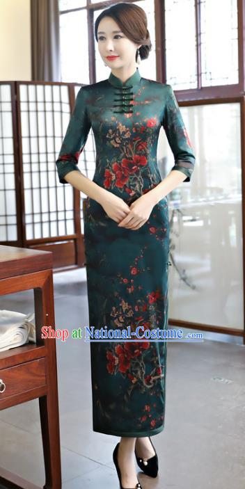 Chinese Traditional Elegant Atrovirens Cheongsam National Costume Watered Gauze Qipao Dress for Women