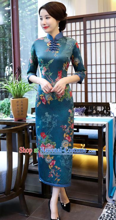 Chinese Traditional Elegant Blue Cheongsam National Costume Watered Gauze Qipao Dress for Women