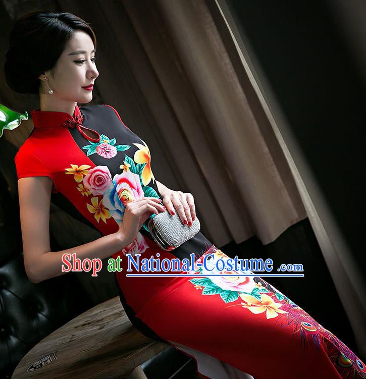 Chinese Traditional Elegant Wedding Cheongsam National Costume Red Silk Qipao Dress for Women