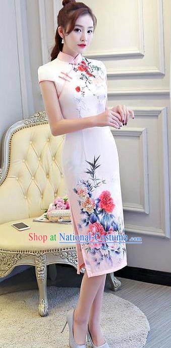 Chinese Traditional Elegant Retro Cheongsam National Costume Printing Peony Qipao Dress for Women