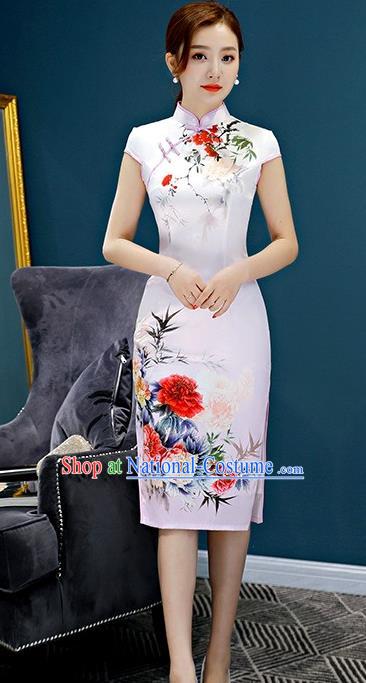 Chinese Traditional Elegant Retro Cheongsam National Costume Printing Peony Qipao Dress for Women