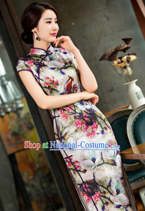 Chinese Traditional Elegant Retro Cheongsam National Costume Printing Mangnolia Birds Qipao Dress for Women