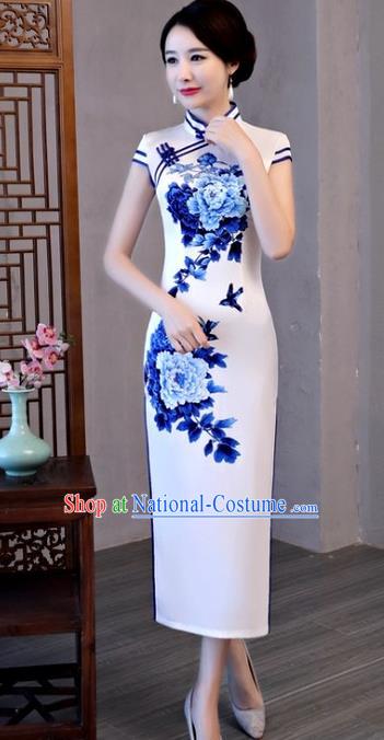 Chinese Traditional Elegant Cheongsam National Costume Printing Peony Silk Qipao Dress for Women