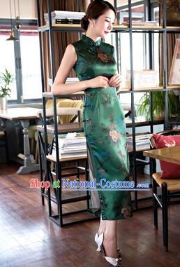 Chinese Traditional Elegant Retro Green Cheongsam National Costume Printing Qipao Dress for Women