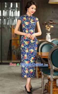 Chinese Traditional Elegant Retro Blue Cheongsam National Costume Printing Qipao Dress for Women