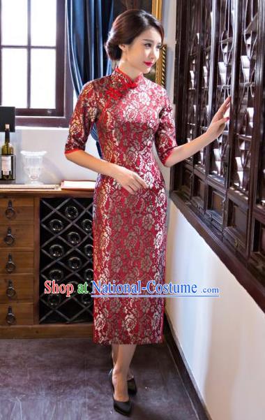 Chinese Traditional Elegant Cheongsam National Costume Red Qipao Dress for Women