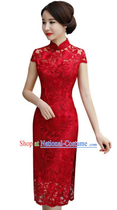 Chinese Traditional Elegant Red Lace Cheongsam National Costume Wedding Qipao Dress for Women