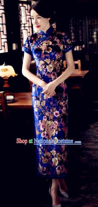 Chinese Traditional Elegant Blue Pleuche Cheongsam National Costume Qipao Dress for Women