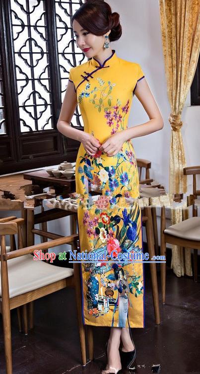 Chinese Traditional Elegant Long Cheongsam National Costume Printing Yellow Qipao Dress for Women