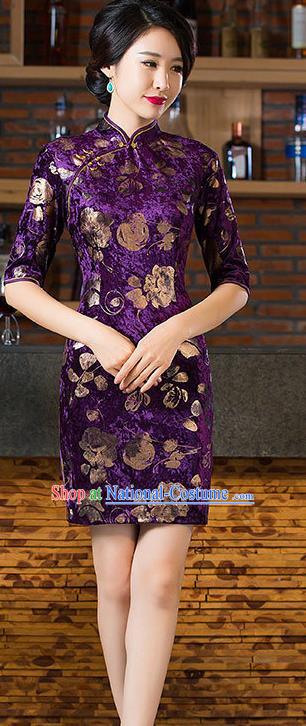 Chinese Traditional Elegant Cheongsam National Costume Purple Pleuche Short Qipao Dress for Women