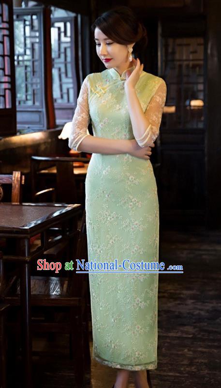 Chinese Traditional Elegant Cheongsam National Costume Green Embroidered Qipao Dress for Women