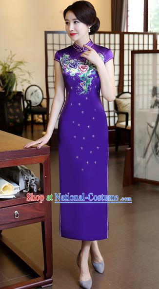 Chinese Traditional Elegant Purple Silk Cheongsam National Costume Printing Qipao Dress for Women