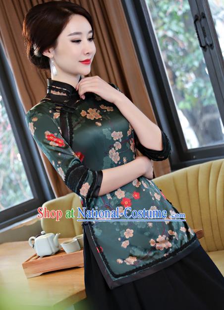 Chinese Traditional Elegant Cheongsam Green Silk Blouse National Costume Tang Suit Qipao Shirts for Women