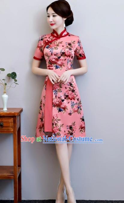 Chinese Traditional Elegant Pink Watered Gauze Cheongsam National Costume Printing Qipao Dress for Women