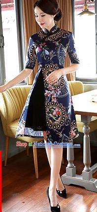 Chinese Traditional Elegant Blue Watered Gauze Cheongsam National Costume Printing Qipao Dress for Women