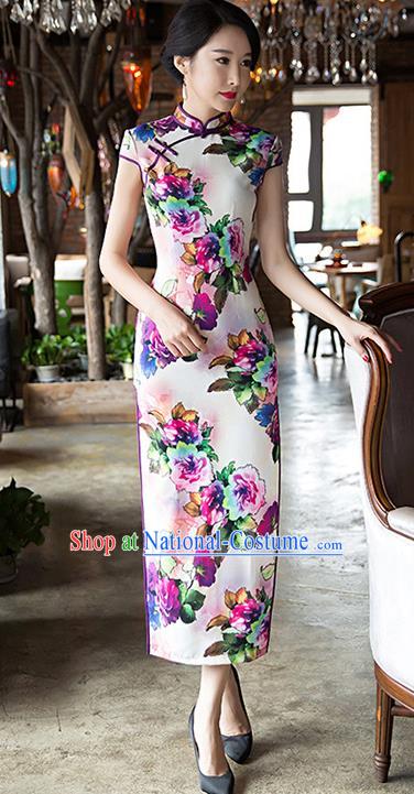 Chinese Traditional Elegant Silk Cheongsam National Costume Printing Flowers Qipao Dress for Women