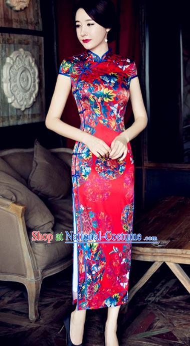 Chinese Traditional Elegant Wedding Silk Cheongsam National Costume Printing Flowers Red Qipao Dress for Women