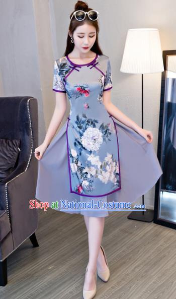 Chinese Traditional Elegant Printing Blue Cheongsam National Costume Retro Qipao Dress for Women