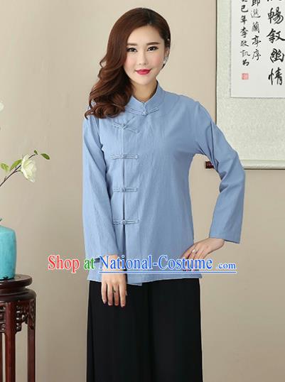 Chinese Traditional National Costume Blue Linen Blouse Tang Suit Qipao Short Shirts for Women