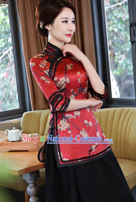 Chinese Traditional Elegant Cheongsam Red Silk Blouse National Costume Tang Suit Qipao Shirts for Women