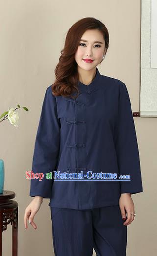 Chinese Traditional National Costume Navy Linen Blouse Tang Suit Qipao Short Shirts for Women