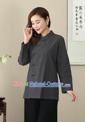 Chinese Traditional National Costume Grey Linen Blouse Tang Suit Qipao Short Shirts for Women