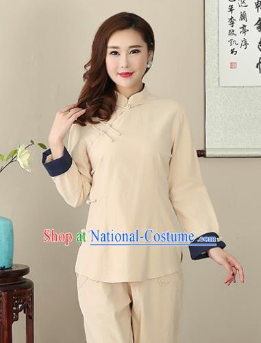 Chinese Traditional National Costume Khaki Linen Blouse Tang Suit Qipao Short Shirts for Women