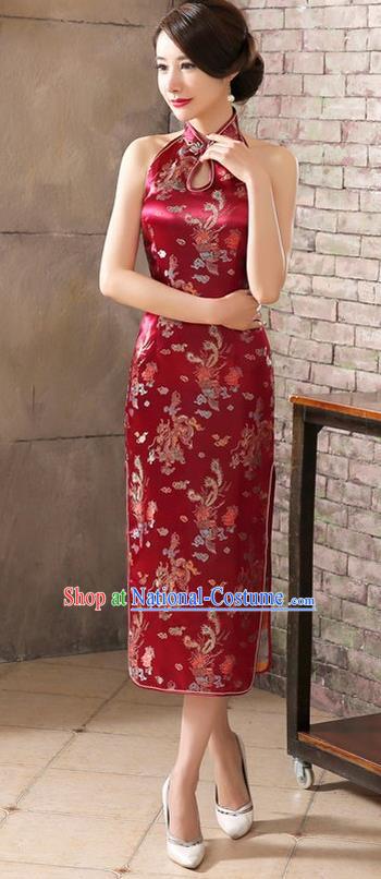 Top Grade Chinese National Costume Elegant Wine Red Brocade Cheongsam Tang Suit Qipao Dress for Women