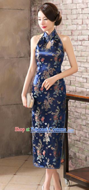 Top Grade Chinese National Costume Elegant Phoenix Brocade Cheongsam Tang Suit Royalblue Qipao Dress for Women