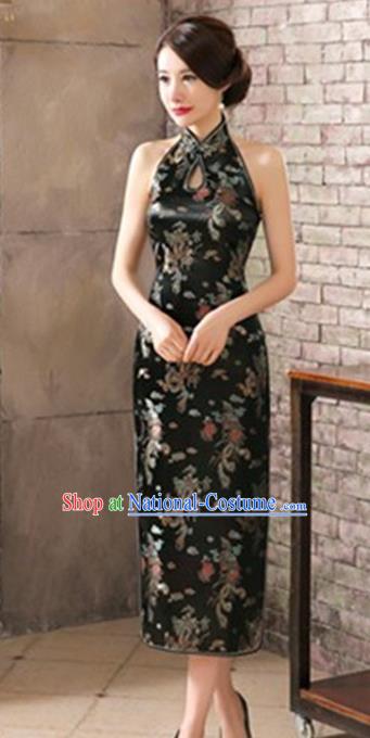 Top Grade Chinese National Costume Elegant Phoenix Brocade Cheongsam Tang Suit Black Qipao Dress for Women