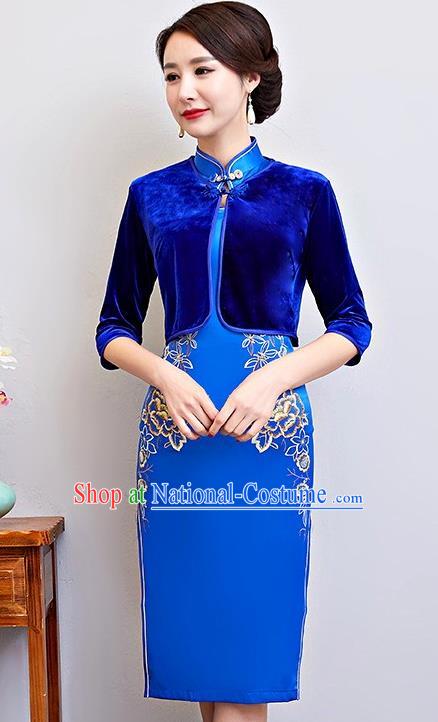 Chinese Traditional National Costume Blue Velvet Blouse Tang Suit Qipao Tippet for Women