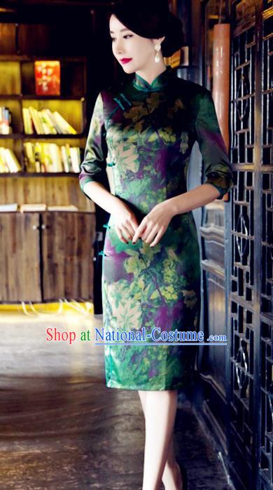 Top Grade Chinese National Costume Tang Suit Short Green Qipao Dress Elegant Printing Cheongsam for Women