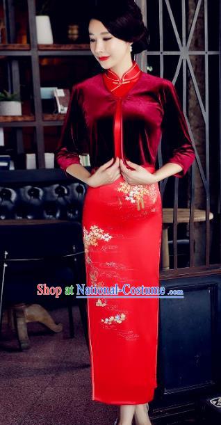 Chinese Traditional National Costume Red Velvet Blouse Tang Suit Qipao Tippet for Women