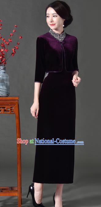 Chinese Traditional National Costume Purple Velvet Blouse Tang Suit Qipao Tippet for Women