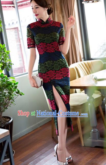 Chinese Traditional National Costume Elegant Lace Cheongsam Qipao Dress for Women