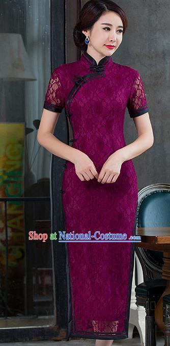 Chinese Traditional National Costume Elegant Amaranth Lace Cheongsam Qipao Dress for Women