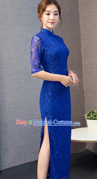 Chinese Traditional National Costume Elegant Blue Lace Cheongsam Qipao Dress for Women