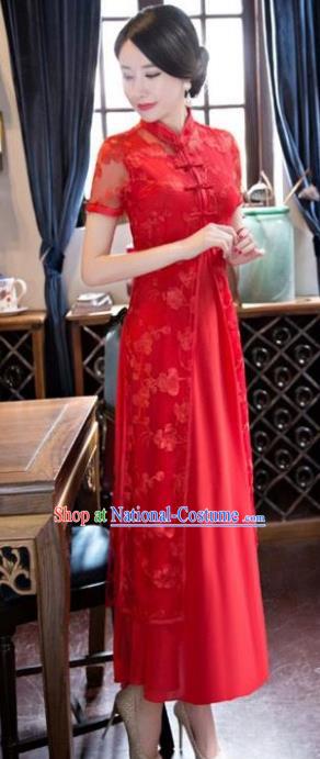 Chinese Traditional National Costume Elegant Embroidered Red Lace Cheongsam Qipao Dress for Women