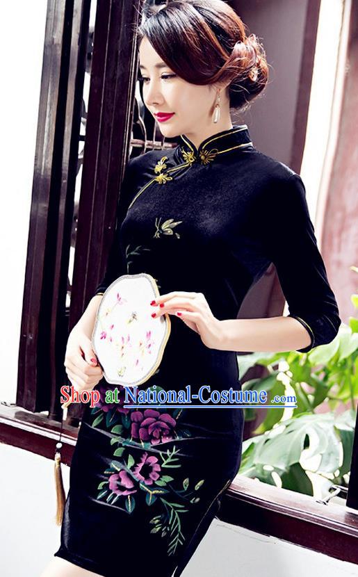 Top Grade Chinese National Costume Elegant Navy Velvet Cheongsam Tang Suit Qipao Dress for Women