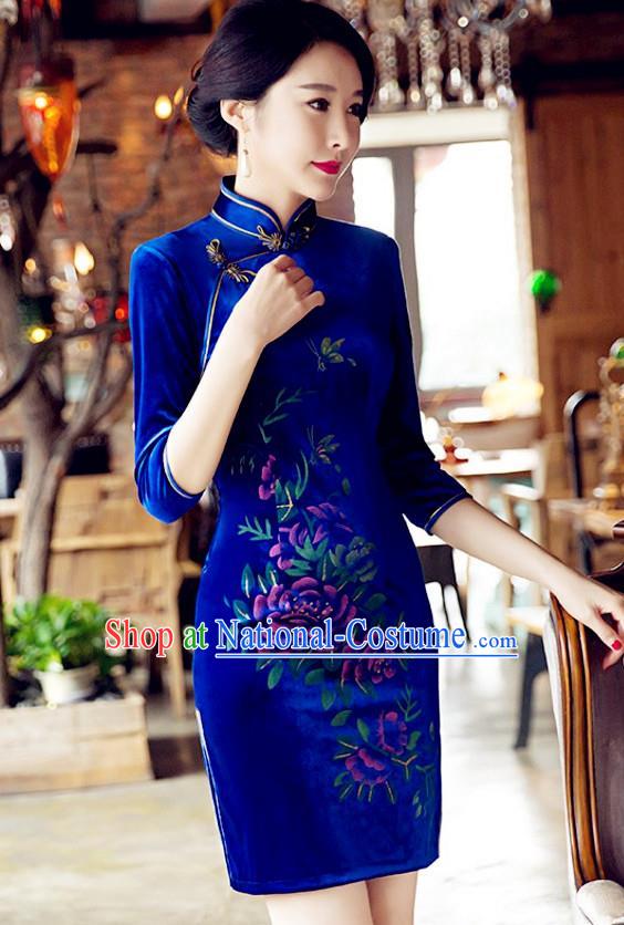 Top Grade Chinese National Costume Elegant Blue Velvet Cheongsam Tang Suit Qipao Dress for Women