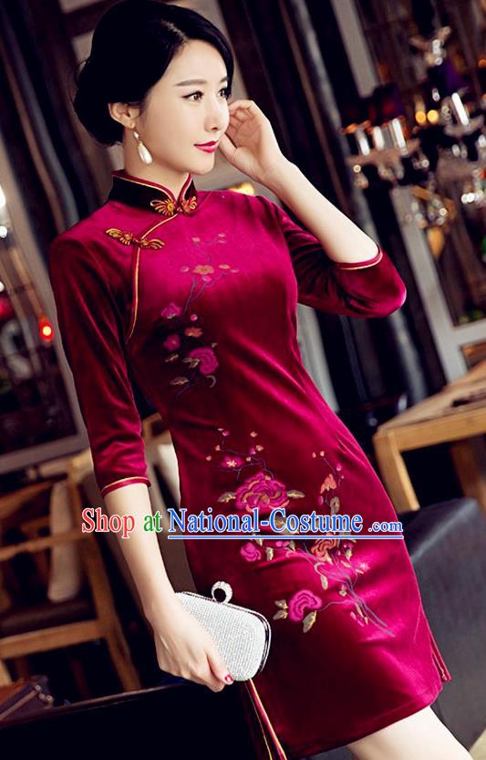 Top Grade Chinese National Costume Elegant Red Velvet Cheongsam Tang Suit Qipao Dress for Women