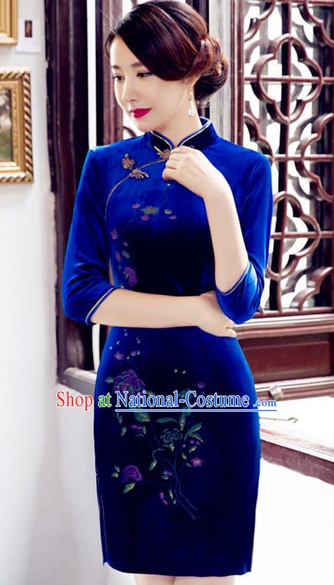 Top Grade Chinese National Costume Elegant Royalblue Velvet Cheongsam Tang Suit Qipao Dress for Women