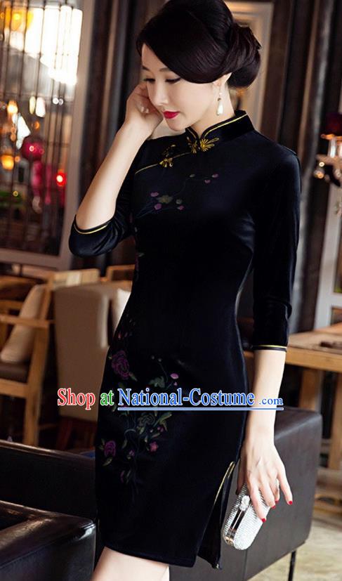 Top Grade Chinese National Costume Elegant Black Velvet Cheongsam Tang Suit Qipao Dress for Women