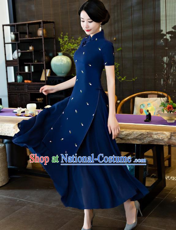 Top Grade Chinese National Costume Elegant Cheongsam Tang Suit Navy Qipao Dress for Women