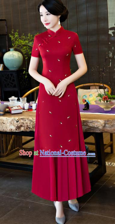 Top Grade Chinese National Costume Elegant Cheongsam Tang Suit Red Qipao Dress for Women