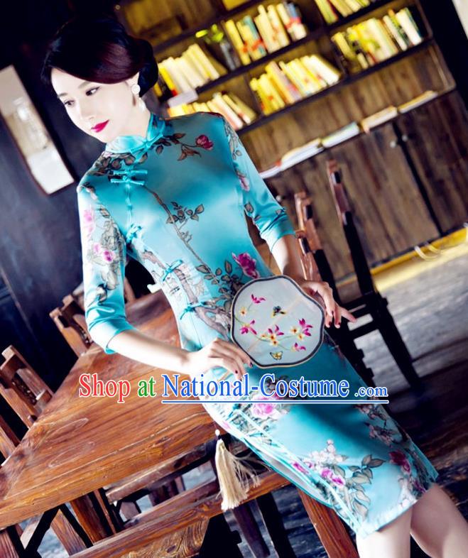 Top Grade Chinese National Costume Tang Suit Short Blue Qipao Dress Elegant Printing Cheongsam for Women