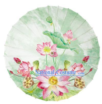 Chinese Handmade Paper Umbrella Folk Dance Hand Printing Lotus Green Oil-paper Umbrella Yangko Umbrella