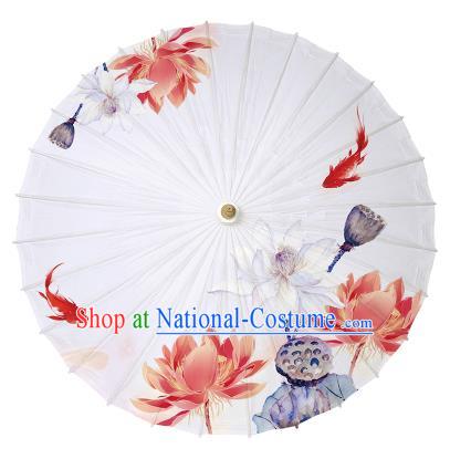 Chinese Handmade Paper Umbrella Folk Dance Hand Printing Lotus White Oil-paper Umbrella Yangko Umbrella